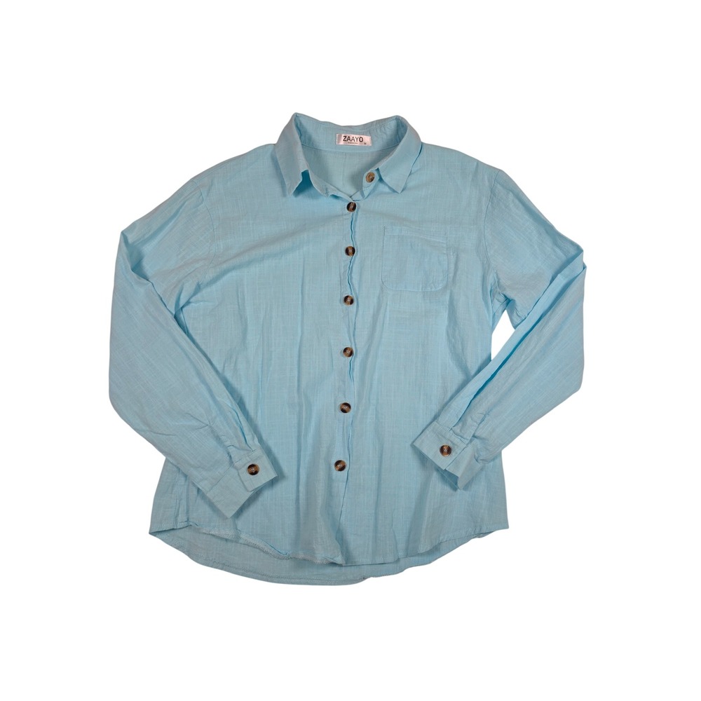 100% Cotton Button Down Shirt Long Sleeve Medium Light Blue Aqua Coastal Beach